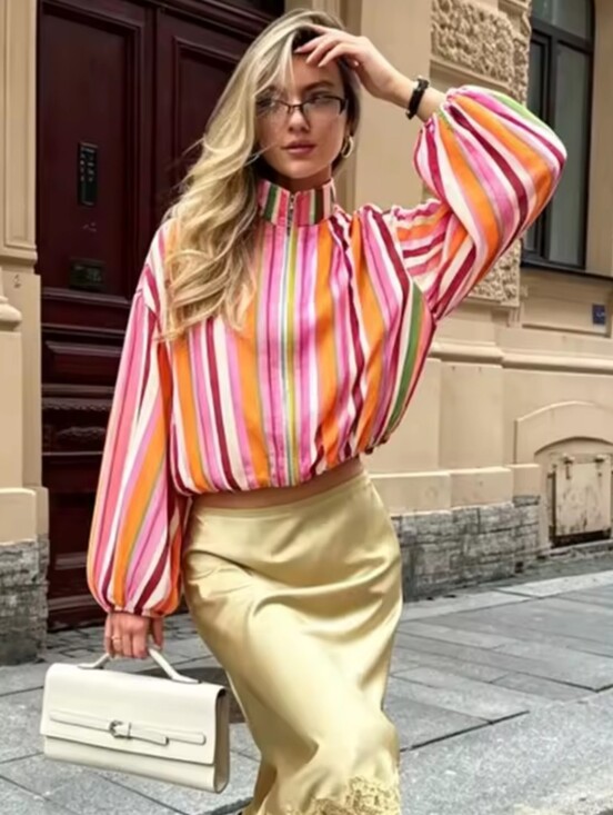 Tops - Women's Pink Multi-Stripe High-Neck Balloon Sleeve Top